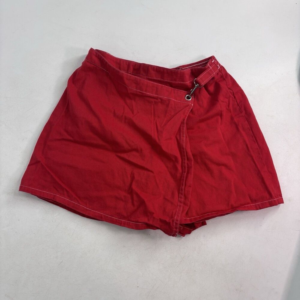 Vtg Y2K Red Mini Skirt Skort Large Girls 12-14 Silver Buckle Grungy School Girl